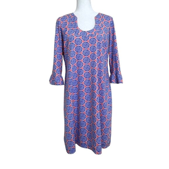 Katherine Way Geometric Blue and Pink Long Sleeve Dress - Picture 1 of 7